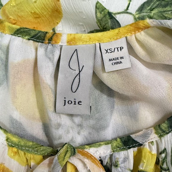 Joie Top Women's XS Yellow Citrus Lemon Print Sheer Chiffon Puff Sleeve Shirt - Picture 5 of 9